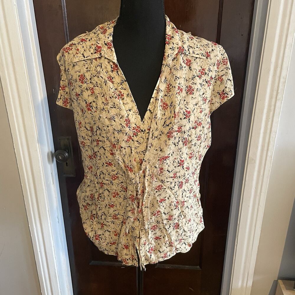NINE WEST Nude Black 100% Silk Floral Button Up Top Short Sleeve Womens 14 - Picture 1 of 10